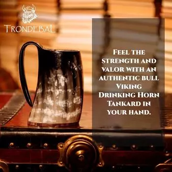 Кружка для питья из рога Тора с деревянной подставкой - Подлинный кубок викингов из рога для меда, эля и пива - Оригинальная средневековая кружка с подарочным мешочком из мешковины