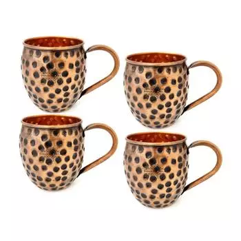 Кружка для пива Moscow Mule из чистой меди, круглой формы, с черным чеканным дизайном, объем - 500 мл, набор из 4 штук