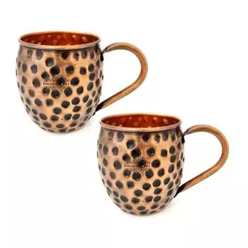 Кружка для пива Moscow Mule из чистой меди, круглой формы, с черным чеканным дизайном, объем - 500 мл, набор из 2 штук