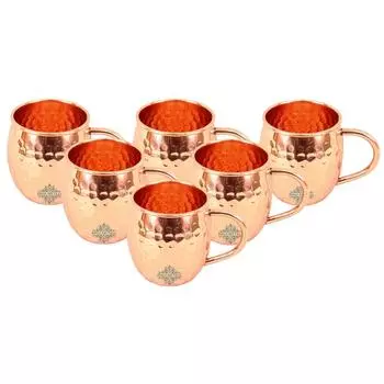 Кружка для пива Moscow Mule из чистой меди, кованая, с блестящей отделкой, круглая, объем - 530 мл, набор из 6 штук