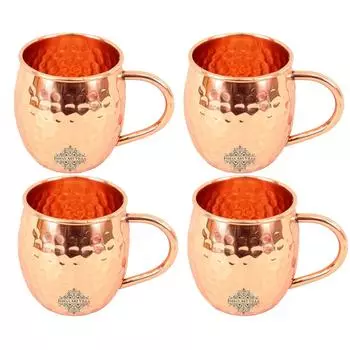 Кружка для пива Moscow Mule из чистой меди, кованая, с блестящей отделкой, круглая, объем - 530 мл, набор из 4 штук