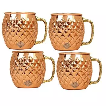 Кружка для пива Московский мул из чистой меди, круглой формы, с чеканным дизайном бриллиант , лучшая для пивных коктейльных вечеринок, барная посуда, объем - 600 мл, набор из 4 штук