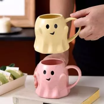 Кружка для привидения на Хэллоуин 440 мл, симпатичная керамическая чашка для кофе с привидением, большая емкость, очаровательный жуткий эльф-призрак чёрный