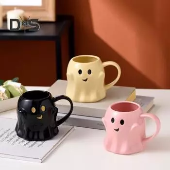 Кружка для привидения на Хэллоуин 440 мл, симпатичная керамическая кофейная чашка с привидением, большая емкость, очаровательная жуткая кружка с привидением-эльфом для взрослых и детей чёрный