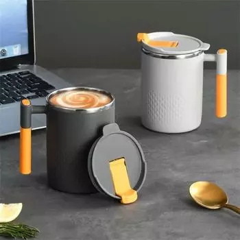 Кружка из нержавеющей стали 304 с двойными стенками, ручкой и крышкой, офисная, не допускающая ожогов, кофейная чашка, стаканы для молока и воды, термостойкая посуда для напитков 450ML темно-серого