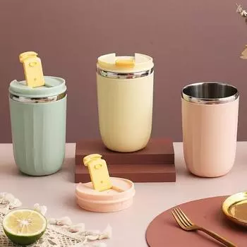 Кружка из нержавеющей стали 500 мл с герметичной крышкой, большая емкость, герметичная портативная изолированная кружка для чая с молоком, кофе, дорожная чашка, подарок Light Yellow