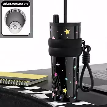 Кружка из нержавеющей стали 710 мл с принтом «Звезда-цветок» и подъемной веревкой, вакуумная кружка для изоляции или охлаждения, термокружка, автомобильная кружка чёрный