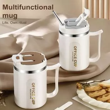 Кружка из нержавеющей стали, стакан с вакуумной ручкой, 500 мл, изолированная большая кофейная чашка со льдом и крышками, соломинка, многоразовая бутылка для воды для дома, офиса на открытом воздухе 500ML кофейный