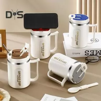 Кружка из нержавеющей стали, стакан с вакуумной ручкой, 500 мл, изолированная большая кофейная чашка со льдом и крышками, соломинка, многоразовая бутылка для воды для дома, офиса на открытом воздухе 500ML кофейный