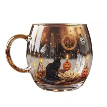 Кружка из расписного стекла на Хэллоуин, жуткий узор с черным котом и тыквой, чайная чашка, кофейная чашка с двойными стенками для горячих и холодных напитков