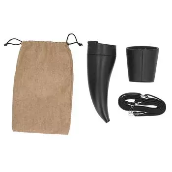 Кружка из рога для питья с подставкой, черная кружка из рога козла, переносная винтажная кружка из рога с сумкой для хранения L