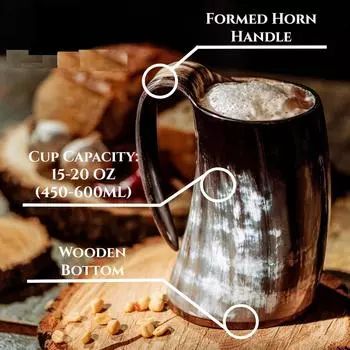 Кружка из рога Тора с деревянной основой, рог викинга для медовухи, эля и пива - оригинальная средневековая кружка с подарочным мешком из мешковины