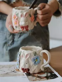 Кружка керамическая подглазурная цвет розово-голубой креативная ручная работа щепотка мультяшная форма цветок украшение милый с подарком для подруг 1 шт 300ml