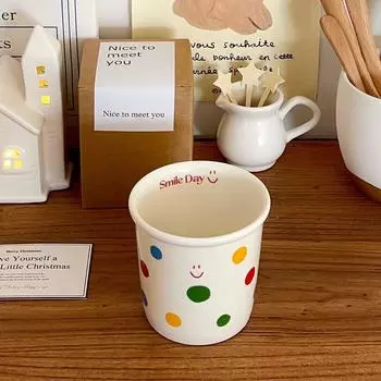 Кружка керамическая в горошек с улыбающимся лицом, милая, высокая ценность, для кофе, для завтрака, для молока, для офиса, для дома 201-300ml