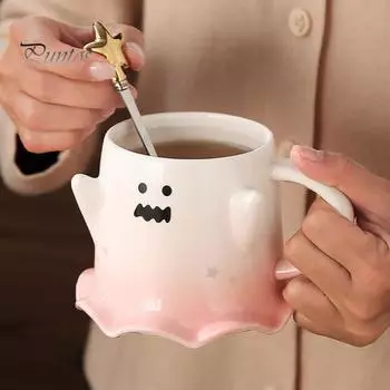 Кружка-призрак на Хэллоуин объемом 460 мл с ложкой, симпатичная керамическая чашка для воды с изображением призрака, украшение для дома и офиса на Хэллоуин, чашка для чая и кофе зелёный