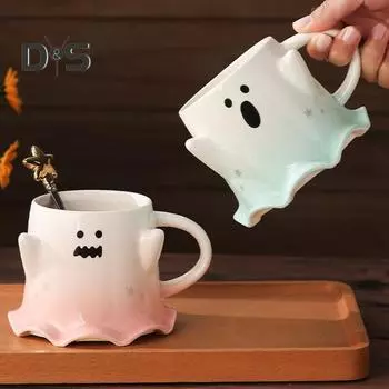Кружка-призрак на Хэллоуин объемом 460 мл с ложкой, симпатичная керамическая чашка для воды с изображением призрака, украшение для дома и офиса на Хэллоуин, чашка для чая и кофе зелёный