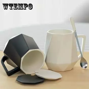 Кружка простой многогранник геометрическая чашка керамическая ложка с крышкой кофейная чашка пара чашка кружка для питьевой воды в скандинавском стиле синий