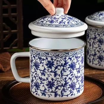 Кружка ретро ностальгическая старомодная эмалированная кружка бытовая сине-белая фарфоровая питьевая большая емкость герметичная крышка в китайском стиле 1300ml