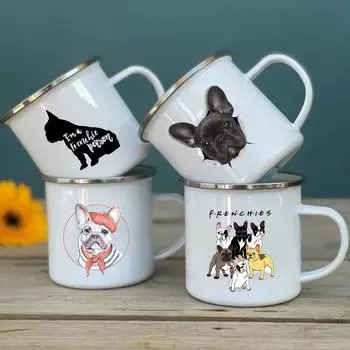 Кружка с эмалевым принтом «Французский бульдог» Креативные кофейные чашки Напитки Десерт Завтрак Молочная чашка Винтажные кружки Ручка Посуда для напитков Лучшие подарки 360ML