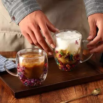 Кружка с цветочным узором из стекла с двойными стенками 250 мл/350 мл, прозрачная эстетическая кружка для напитков с изолированной ручкой, украшение из настоящего цветка, двухслойный термосохраняющий стакан 250ml A