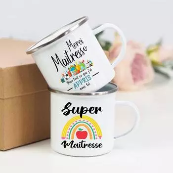Кружка с французским принтом Merci Maitresse, эмалированная кружка для напитков, десертов, молока, креативные кофейные чашки с винтажной ручкой, подарок учителю 360ml