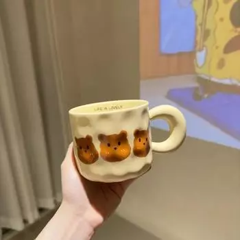 Кружка с изображением французского кремового медведя, с толстой ручкой, простая молочная чашка, студенческая пара для мужчин и женщин, керамическая кружка, кофейные чашки большой емкости 401-500ml