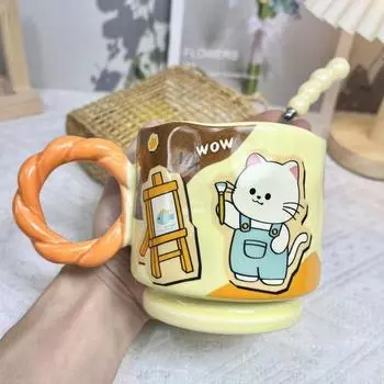 Кружка с изображением кошки, собаки, кролика, с ручкой-ложкой, керамическая чашка для питья воды, подарок на день рождения, мультяшная пара, высокая ценность 400ml