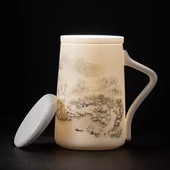 Кружка с крышкой, большая емкость, креативная керамическая чашка для воды с надписью, чашка для чая, офисная чашка, индивидуальный рисунок на баранине, нефрит, цветная глазурь