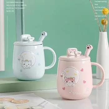 Кружка с крышкой и ложкой в виде кошки Керамическая чашка Чашка для кофе Оригинальные кружки Чашки для кофе и чая Новогодние кружки Посуда для напитков Красивая 400ml