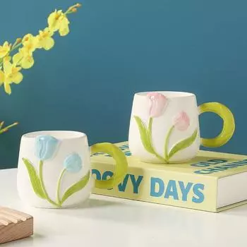 Кружка с рельефным дизайном, расписанная вручную, в виде тюльпана, пара, керамическая кружка, сувенир, кружка для молока и кофе 430ml