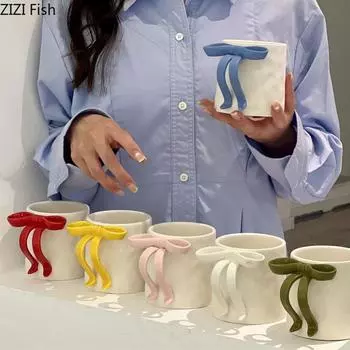 Кружка с ручкой-бантом, креативная керамическая чашка для воды, пара, завтрак, молоко, чашка для офиса, дневной чай, латте, кофейная чашка, питьевая утварь 401-500ml