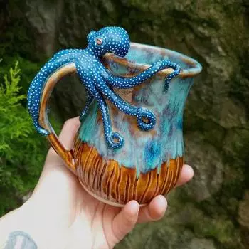 Кружка с синим осьминогом, кофейная чашка ручной работы в виде осьминога, керамическая кружка в океанском стиле, расписанная вручную, креативная художественная кружка, подарок для любителей океана синий