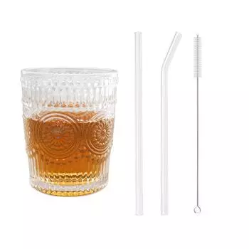 Кружка с тиснением, стеклянная чашка на 10 унций с набором соломинок, посуда для ежедневного использования, ретро сок, напиток, вино, чай, молоко, кофе, чашка, стеклянная посуда 1pcs with straw set