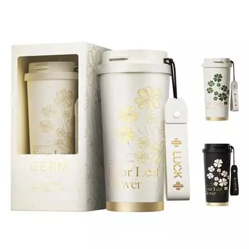 Кружка-стакан GERM объемом 500 мл для кофе из нержавеющей стали 316L с двухсторонней вакуумной изоляцией, герметичная конструкция, в комплекте с трубочкой, в комплекте с ремешком для крышки кофе белый