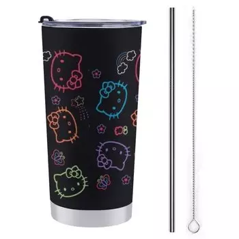 Кружка-стакан Hello Kitty, кофейная чашка, чашка для магазинов, холодная изолированная бутылка для воды, для питья, нержавеющая сталь, с крышкой, портативная, с изображением соломинки