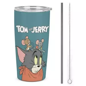 Кружка-стакан Том и Джерри, кофейная чашка, чашка для магазинов, бутылка для воды, для питья, нержавеющая сталь, с крышкой, переносная трубочка, товары с персонажами, 600 мл
