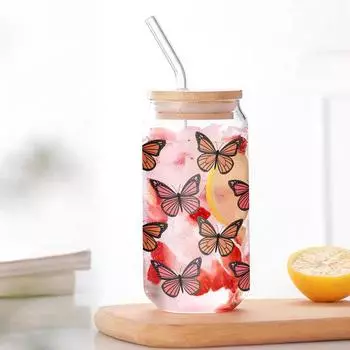 Кружка стеклянная 16 унций с 3D-принтом «Бабочки», банка Мейсона, бутылки для воды с бамбуковой крышкой и соломинкой, стакан для питья, стакан для газировки, стакан для кофе со льдом 16oz