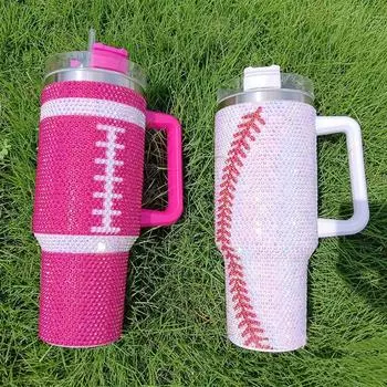 Кружка, украшенная стразами, на 40 унций, новая роскошная кофейная чашка с плоским дном, ручкой и крышкой, соломенная чашка-термос из нержавеющей стали чёрный