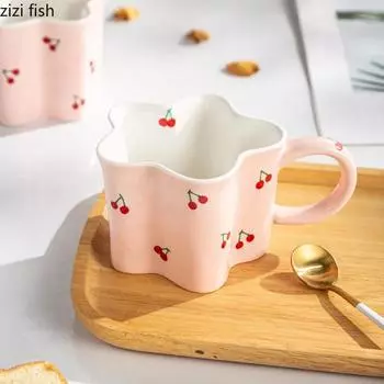 Кружка в форме пятиконечной звезды с вишней Керамическая кружка для кофе латте Чашка для молока Чашка для напитков Чашка для завтрака Чашки для воды Бытовая посуда 300ml