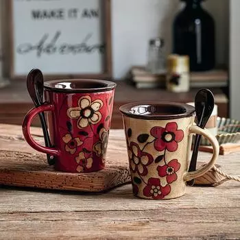 Кружка в стиле ретро, большая емкость, расписанная вручную, керамическая, выточенная в печи, для пары, чашка для воды, свадебный подарок, чашка для кофе, вода, чашка для завтрака 301-400ml