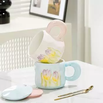 Кружка в виде цветка тюльпана с ложкой, студенческая кружка большой емкости, маленькая подарочная кружка для офиса, керамическая кружка с высокой термостойкостью 450ML
