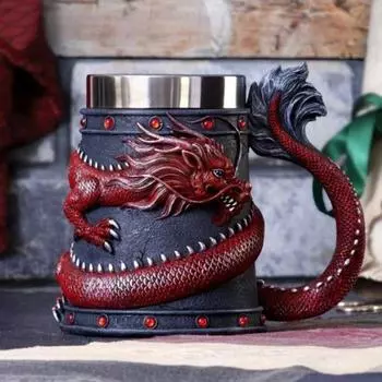 Кружка в виде китайского дракона с внутренней частью из нержавеющей стали в стиле ретро для домашнего бара, винтажная чашка для кофе, чая и воды 600 мл 600ml красный