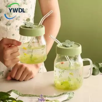 Кружка YWDL 600/780 мл с травяным узором, соломинкой и крышкой, стеклянный стакан с градуированной термостойкой чашкой для кофе, молока, напитков 630-780ml