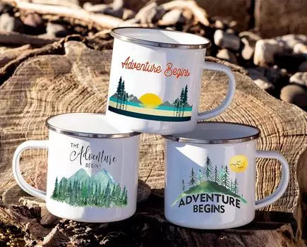 Кружки для кемпинга Adventure Campfire Cup с принтом леса Enamel Camping Cups Outdoor Campervan Coffee Handle Mug Camper Best Gifts