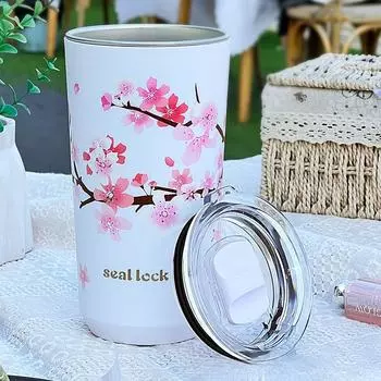 Кружки для кофе Cherry Blossom Patten с крышкой из нержавеющей стали, герметичные, для молока, сока, чая, походные стаканы, посуда для питья 360-560ml