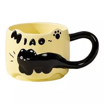 Кружки для кофе с котом, емкость 380 мл, симпатичные чашки с изображением кота, мяуканье, экономящие место, керамические жёлтый