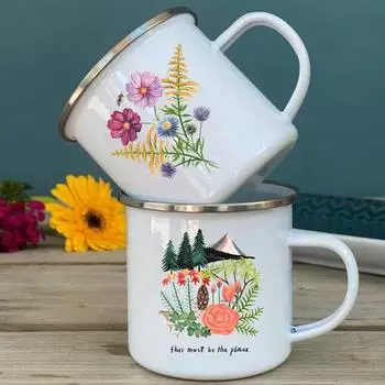 Кружки с эмалированным принтом Flower Prant, креативные кружки для кофе, кружки для путешествий на открытом воздухе, кружки для воды, походные кружки для костра, ручки для посуды для питья, подарки 360ML