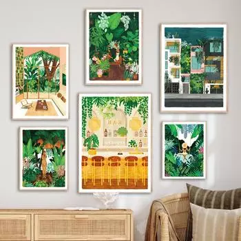 Крыльцо с зелеными растениями, летний душ, стена водопада, художественная картина маслом, скандинавский плакат и печать для украшения бара в гостиной 21cm30cm NoFrame