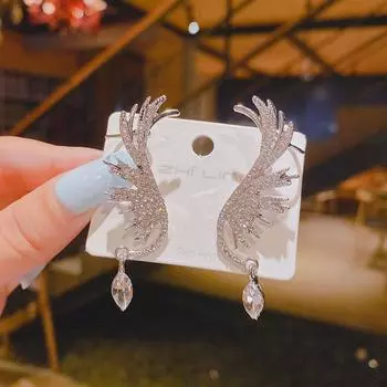 Крылья ангела Эльф Капля воды Подвеска Полный Кристалл Клипсы Серьги Для Женщин Ювелирные Изделия Изящные Букле Mujer Brincos