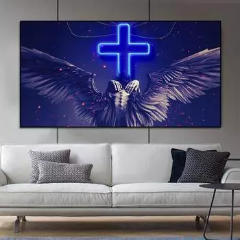 Крылья ангела с крестом, неоновый эффект, плакат и принты, христианская картина на холсте, настенная художественная картина для гостиной, украшение для дома 20x40cm No Frame